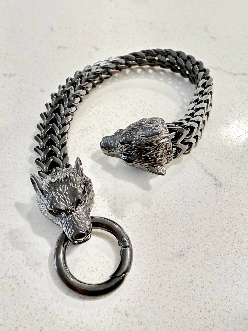 Men's Wolf Head Chain Bracelet - Black Steel Finish